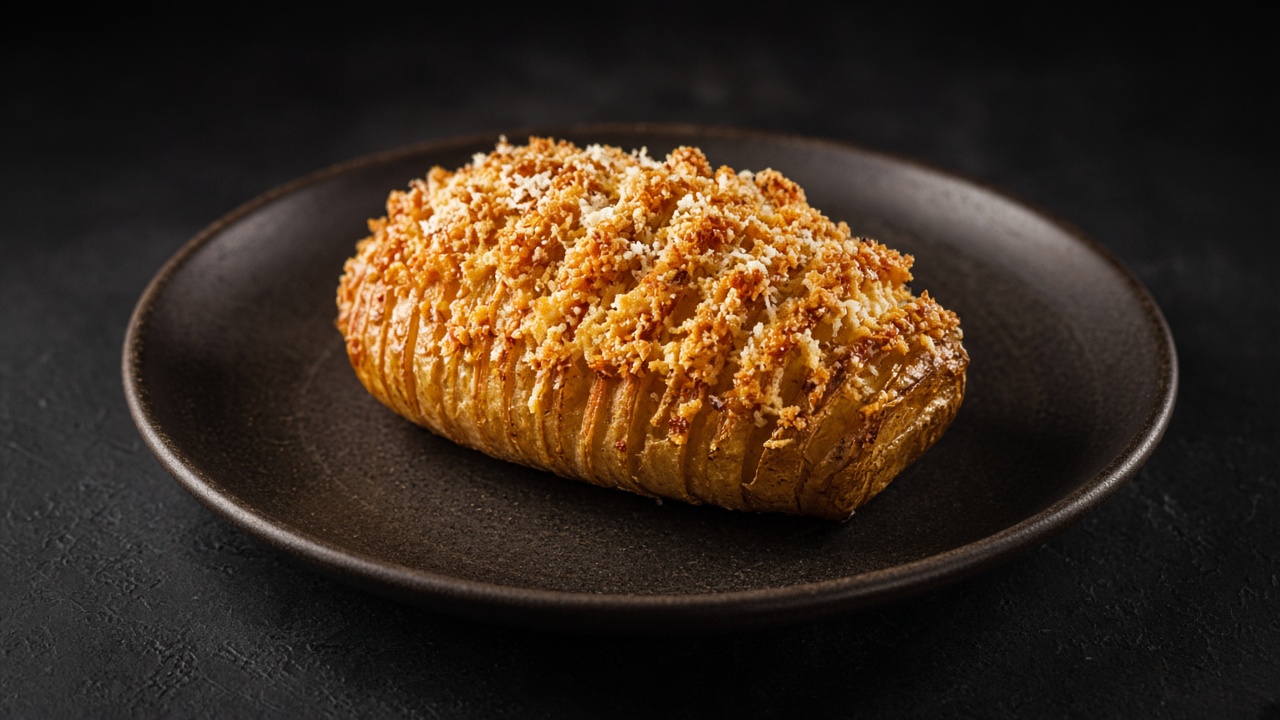 Two golden hasselback potatoes with melted Parmesan between the slices on a black plate on dark slate.