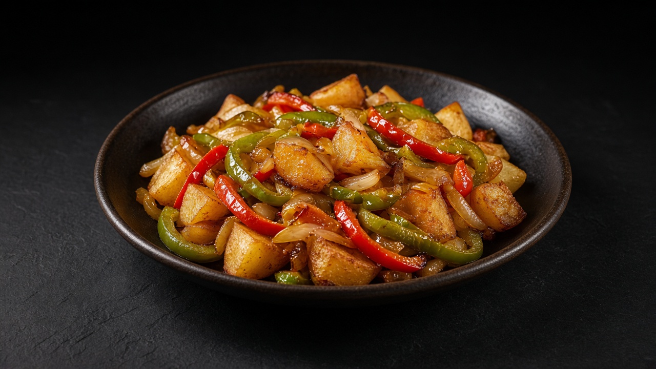 A black bowl of crisp home fries with red and green peppers and onions on dark slate.