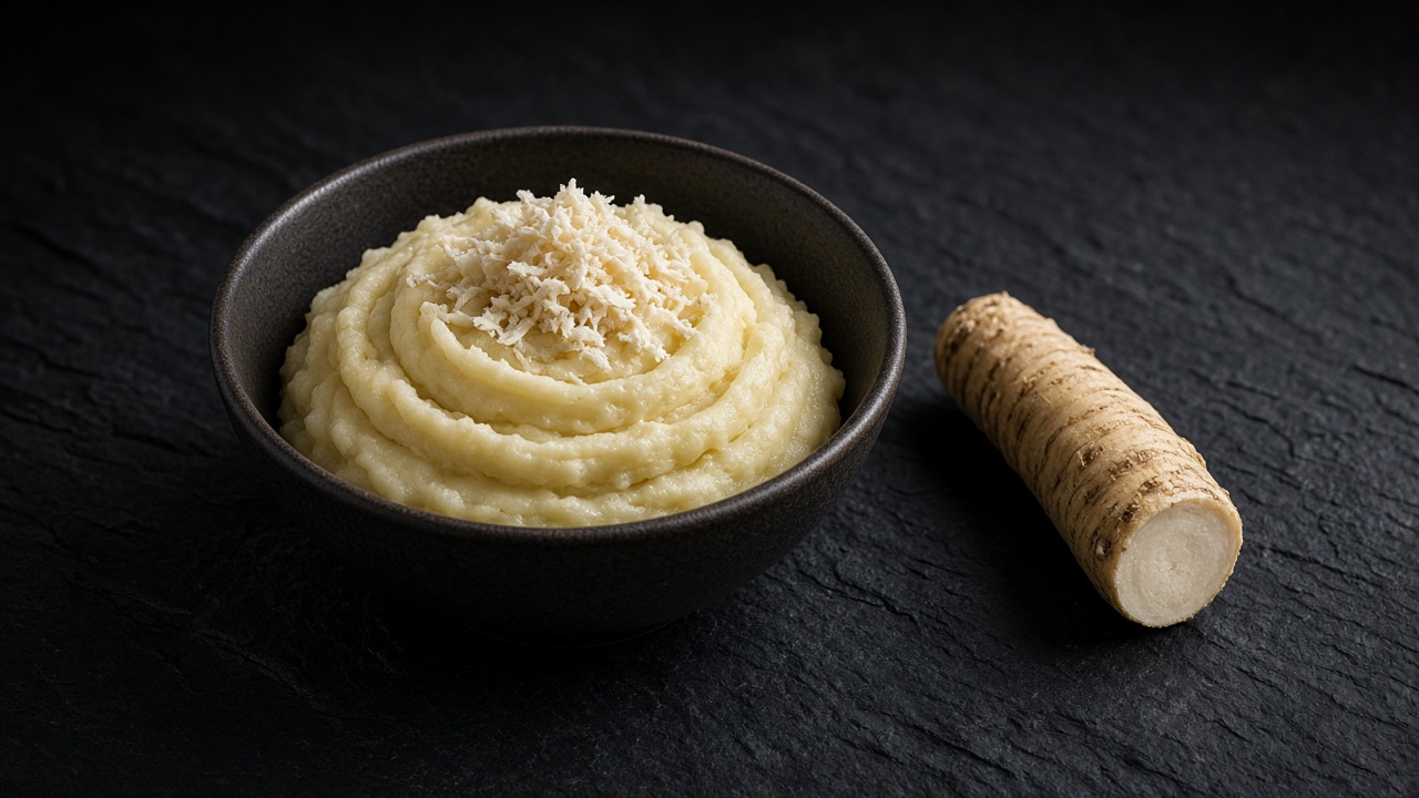 A black bowl of creamy mashed potatoes beside a fresh horseradish root on dark slate.
