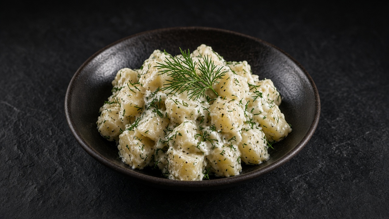 A black bowl of potato salad in a creamy dressing topped with fresh dill on dark slate.