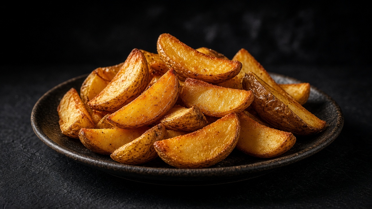 Golden, crisp skin-on potato wedges piled on a black plate on dark slate.