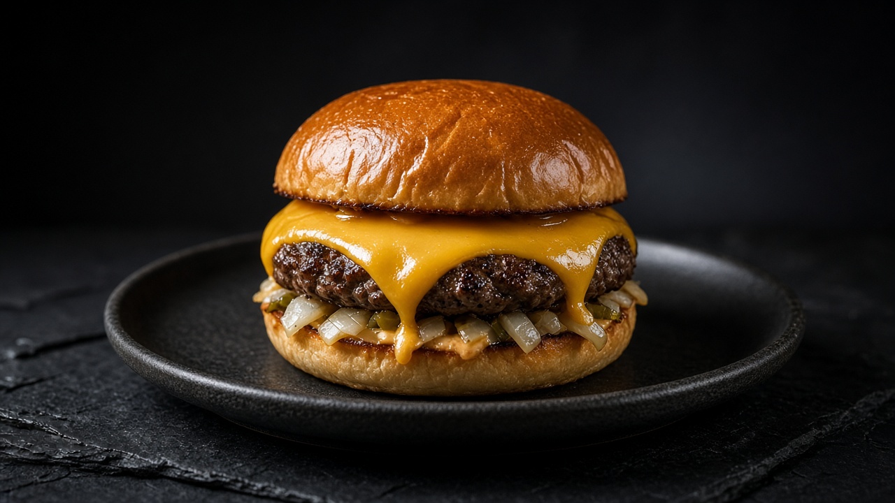 A cheeseburger with thick, glossy melted American cheese draping over the patty and diced onion beneath, in a toasted bun.
