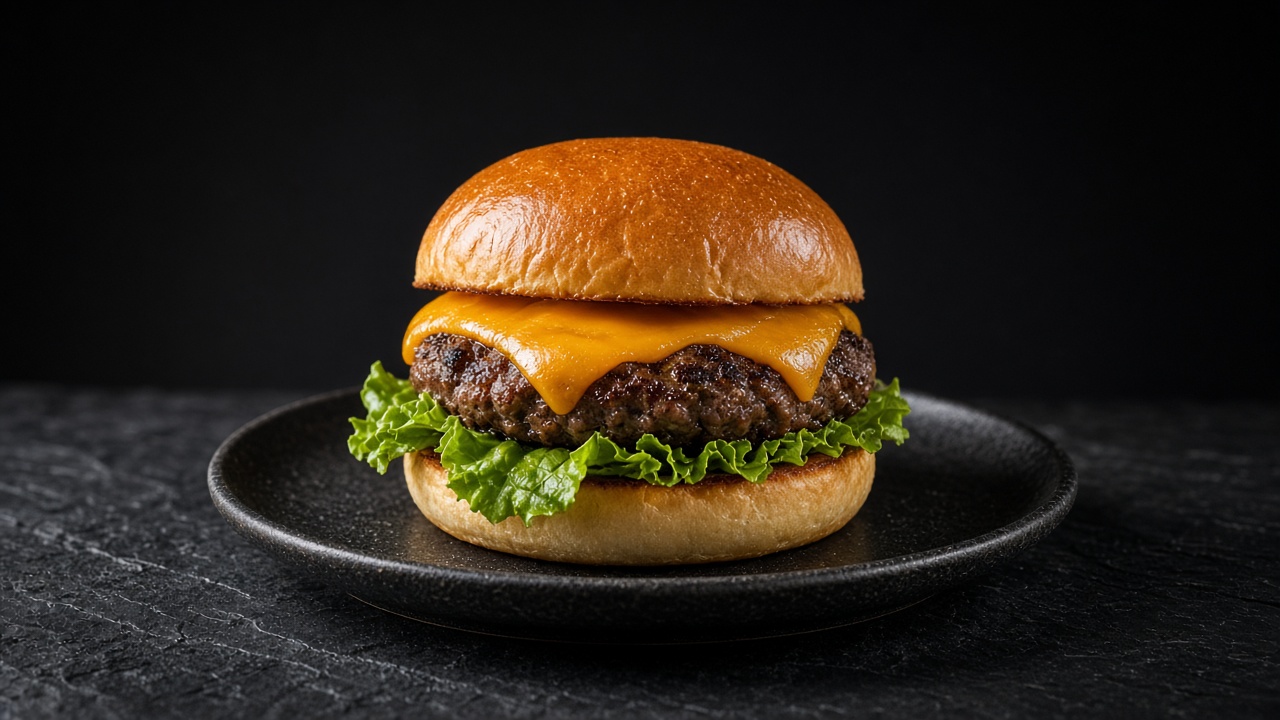 A cheeseburger with melted orange cheddar and frilly lettuce in a glossy toasted bun.