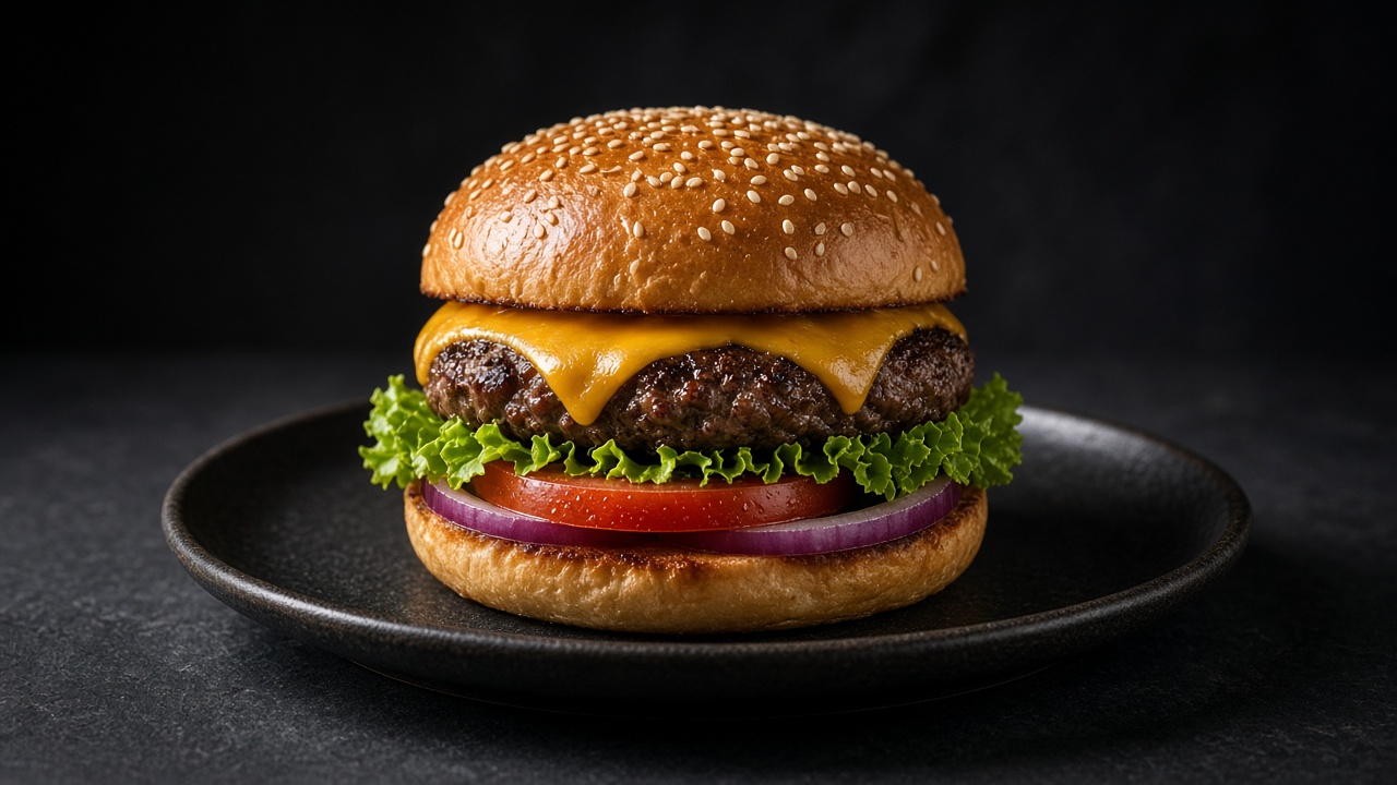 A cheeseburger on a sesame bun with melted cheese, lettuce, tomato and red onion on a dark plate.
