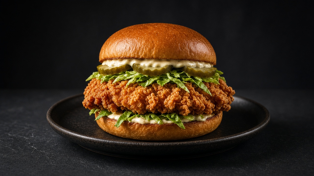 A tall crispy fried chicken burger with shredded lettuce and creamy sauce in a glossy toasted bun.