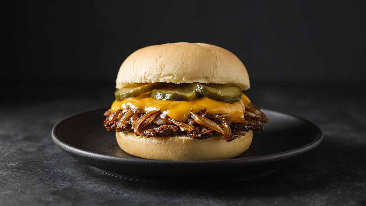 An onion burger with a thick layer of browned onions, melted cheese and pickles in a soft bun.