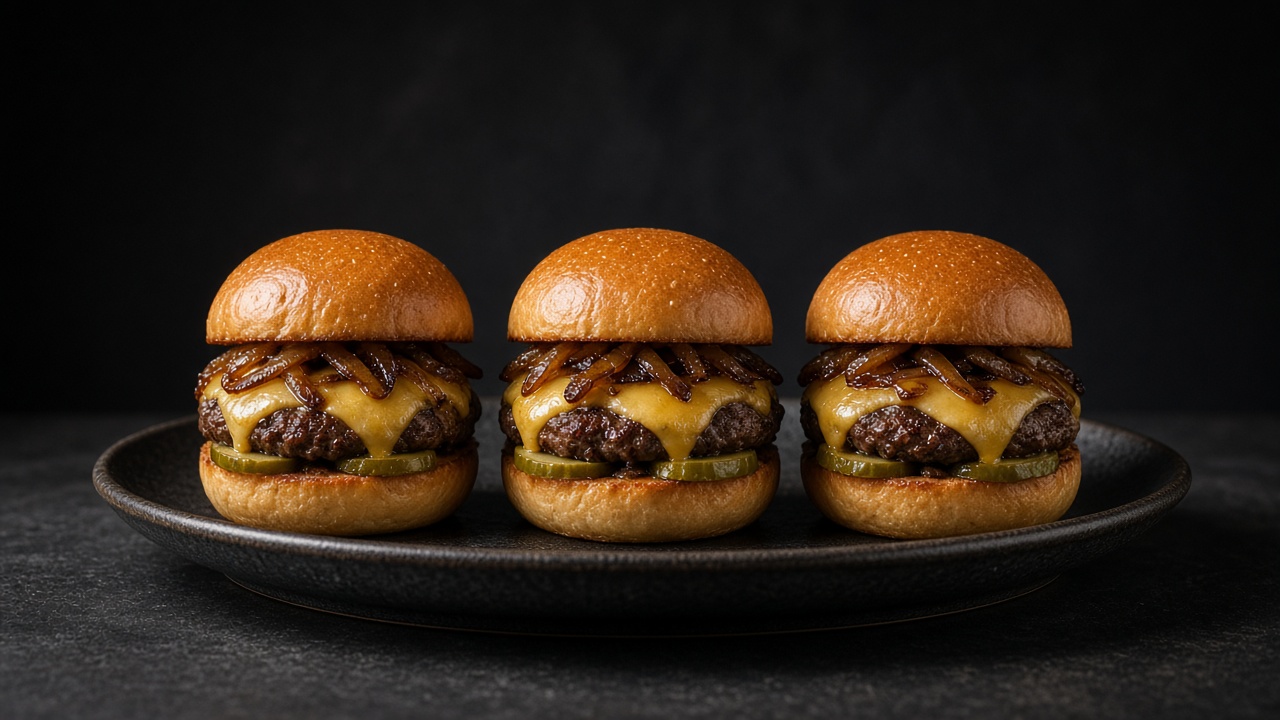 Three mini cheeseburger sliders with melted cheese and browned onions lined up on a dark plate.