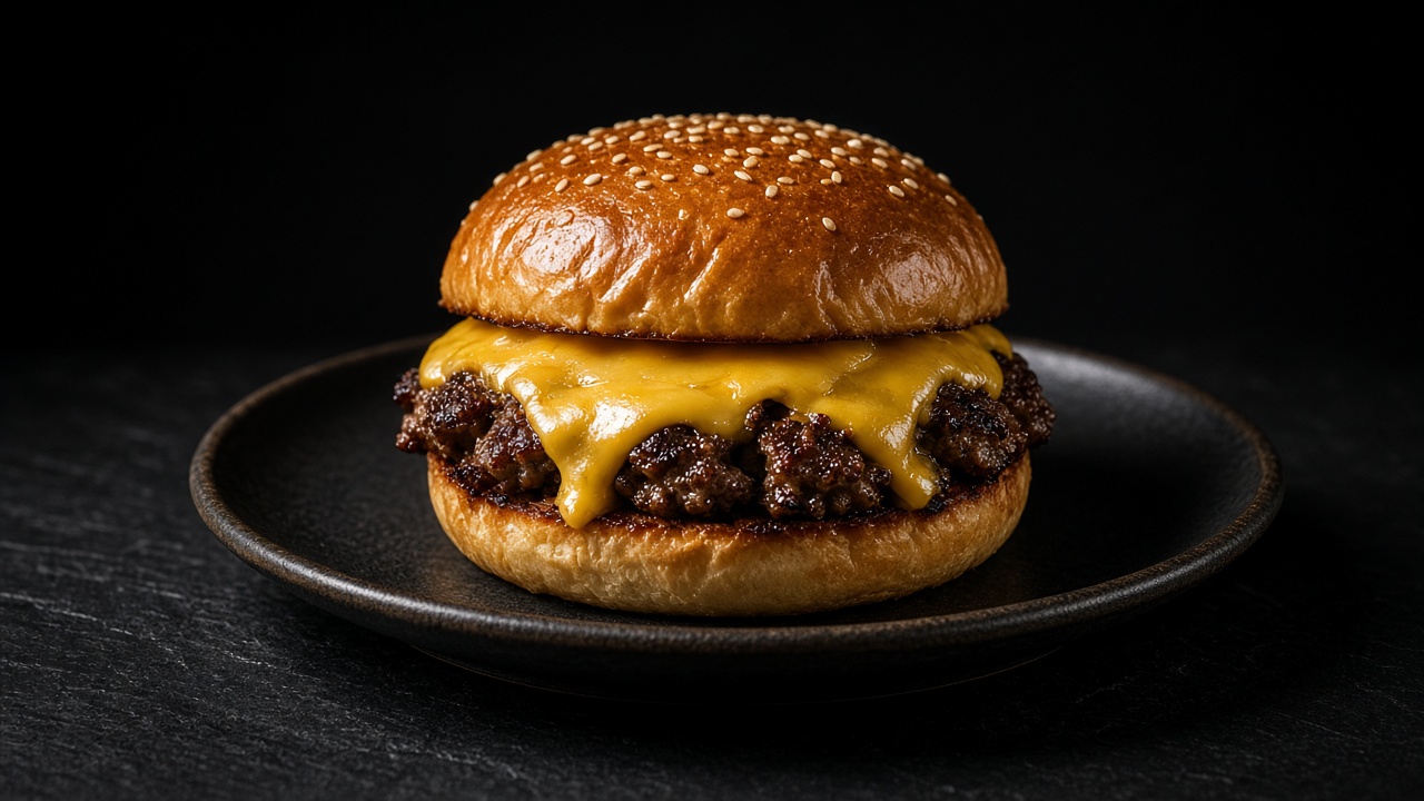 A cheeseburger made with smashed beef patties and melted cheese in a soft bun.