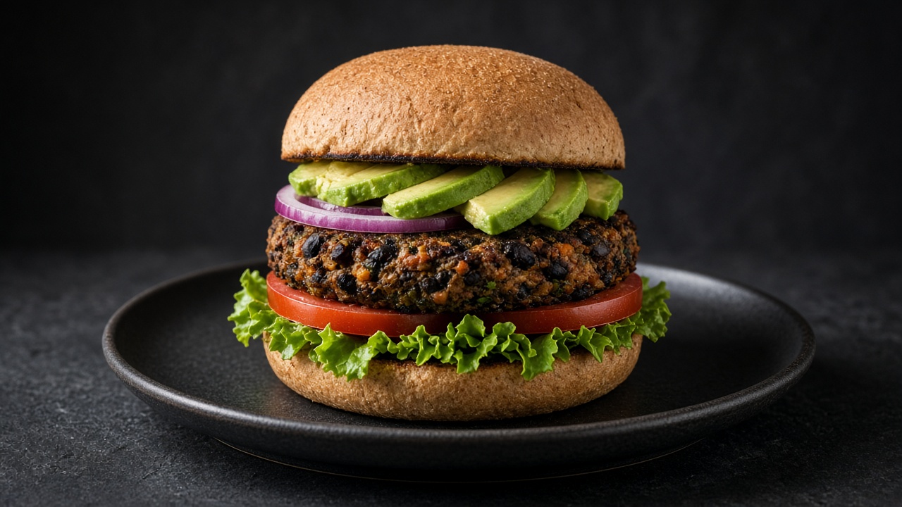 A dark black bean burger on lettuce and tomato, topped with red onion rings and avocado slices, in a wholemeal bun on a black plate.