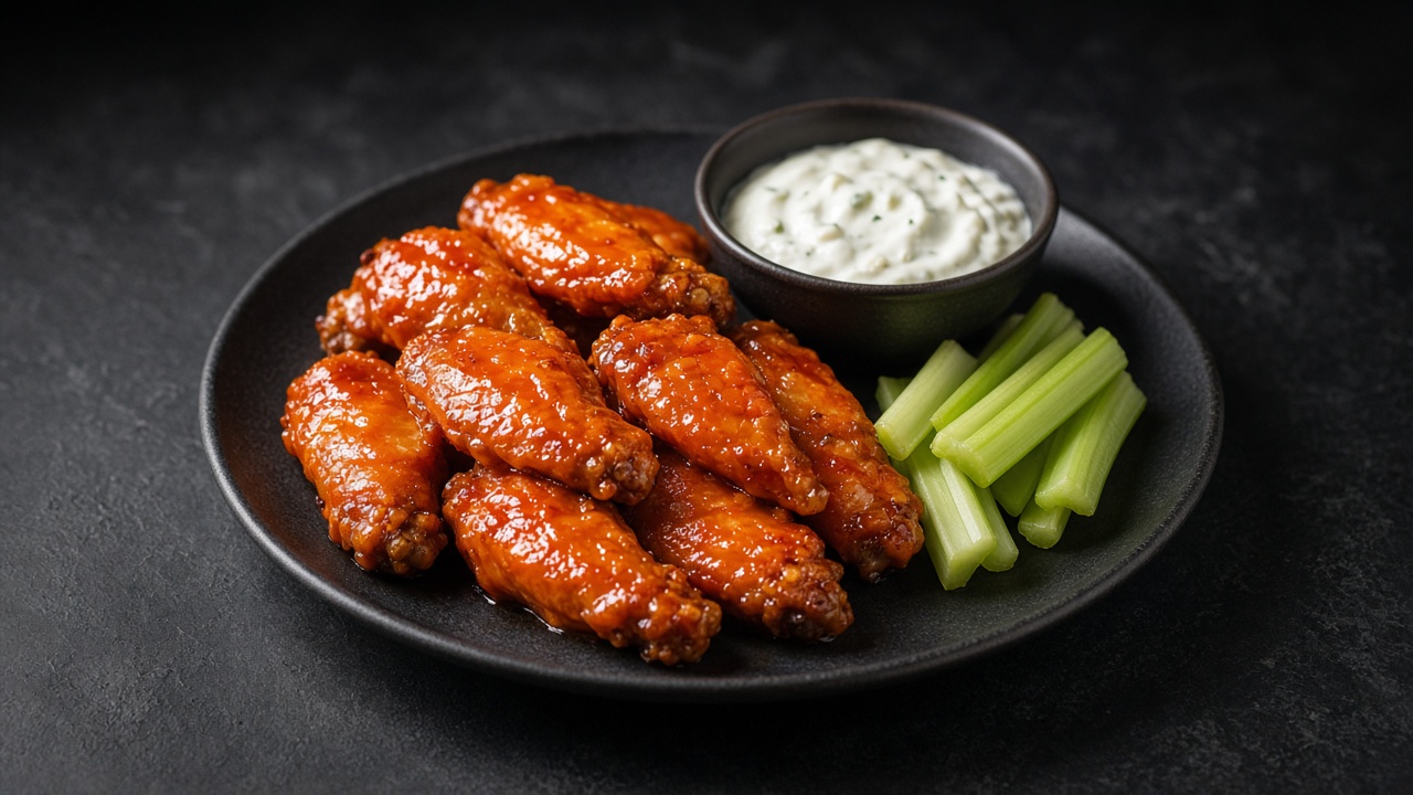 Glossy orange buffalo chicken wings on a dark plate with celery sticks and a bowl of blue cheese dip.