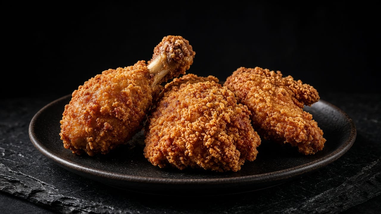 Buttermilk-brined fried chicken drumsticks and thighs with a thick, rough golden crust on a dark slate plate.