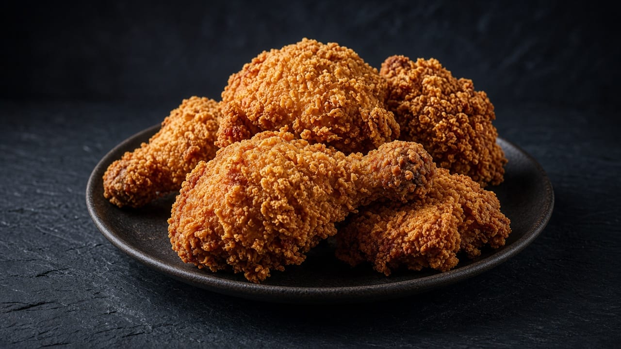 A pile of deep golden, craggy-crusted Southern fried chicken pieces on a dark plate.