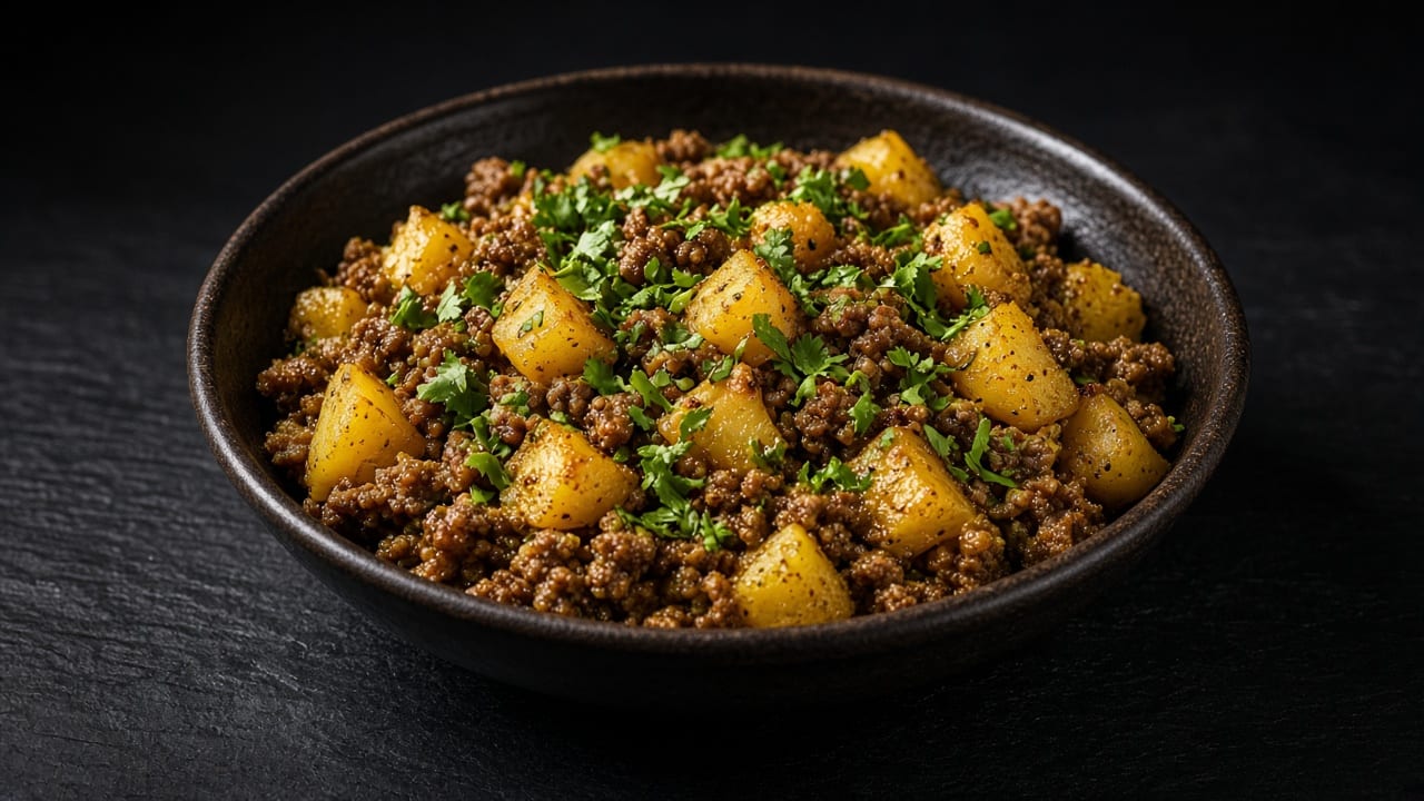 Bowl of spiced minced beef keema with golden potato cubes and chopped coriander.
