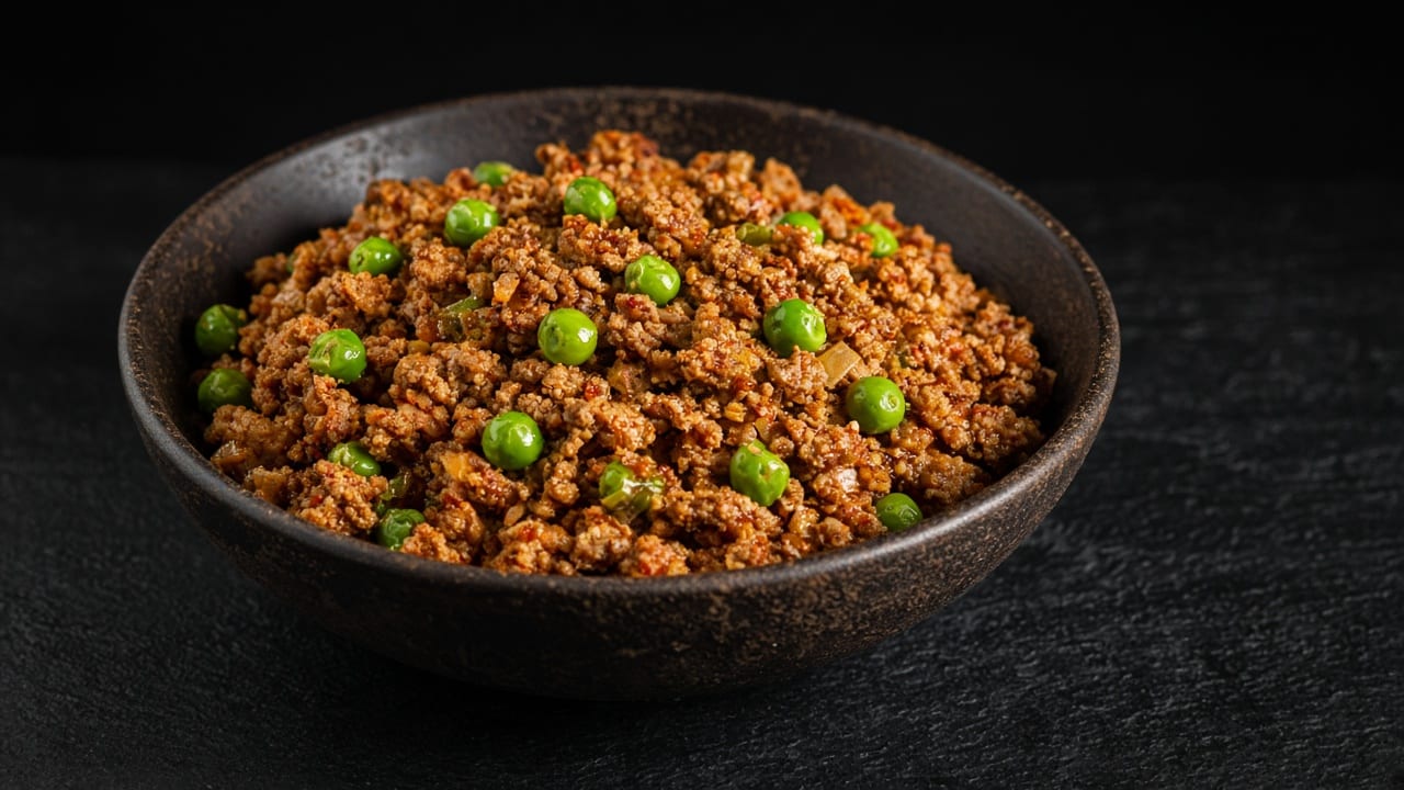 Bowl of spiced minced beef keema dotted with green peas.