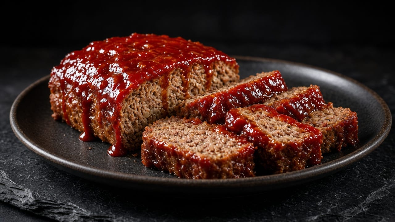 A meatloaf with a thick, shiny red ketchup and brown sugar glaze, partly sliced.