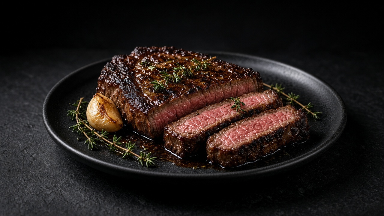 Sliced seared sirloin steak with a dark crust, garnished with garlic cloves and thyme sprigs on a black plate.