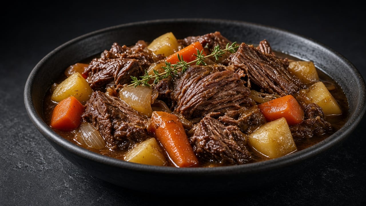 A bowl of tender braised beef with carrot and potato chunks in a glossy brown gravy.