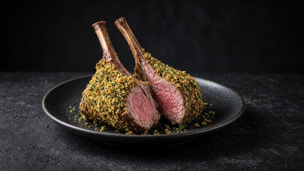 Two lamb cutlets with a golden mustard and herb crumb crust, bones standing upright.
