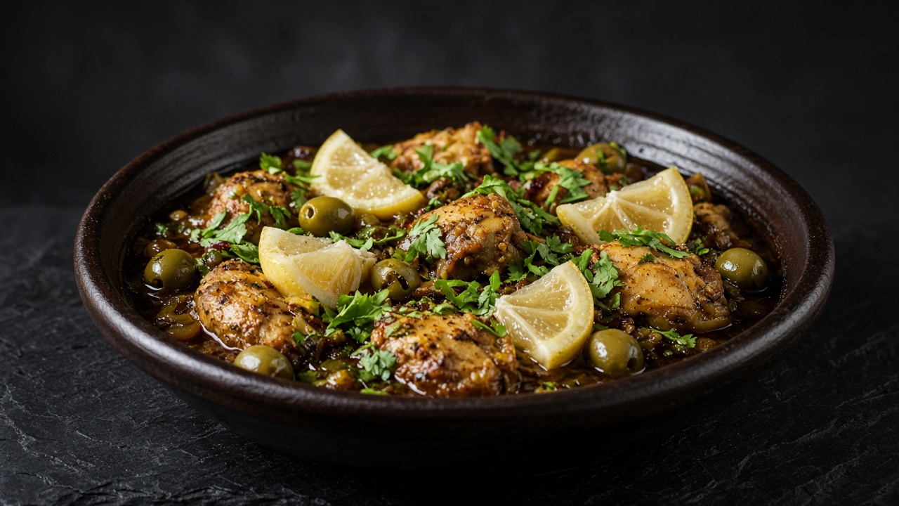 Golden braised tagine in a dark dish with green olives, lemon wedges and chopped herbs.
