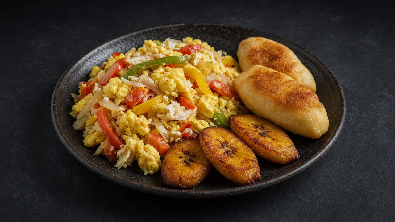 A plate of golden fried dumplings and caramelised plantain next to a mound of ackee and saltfish studded with peppers and herbs.