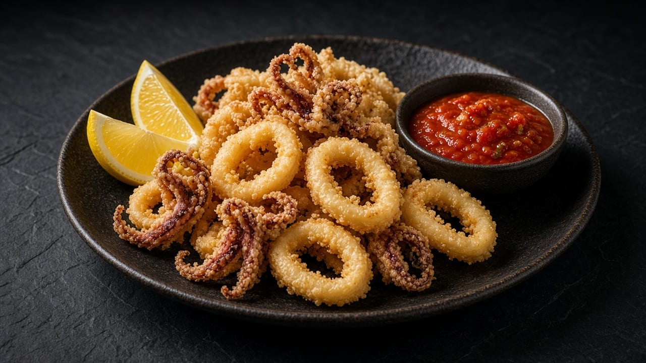 A plate of crisp golden squid rings and tentacles with lemon wedges and a bowl of red tomato dip.