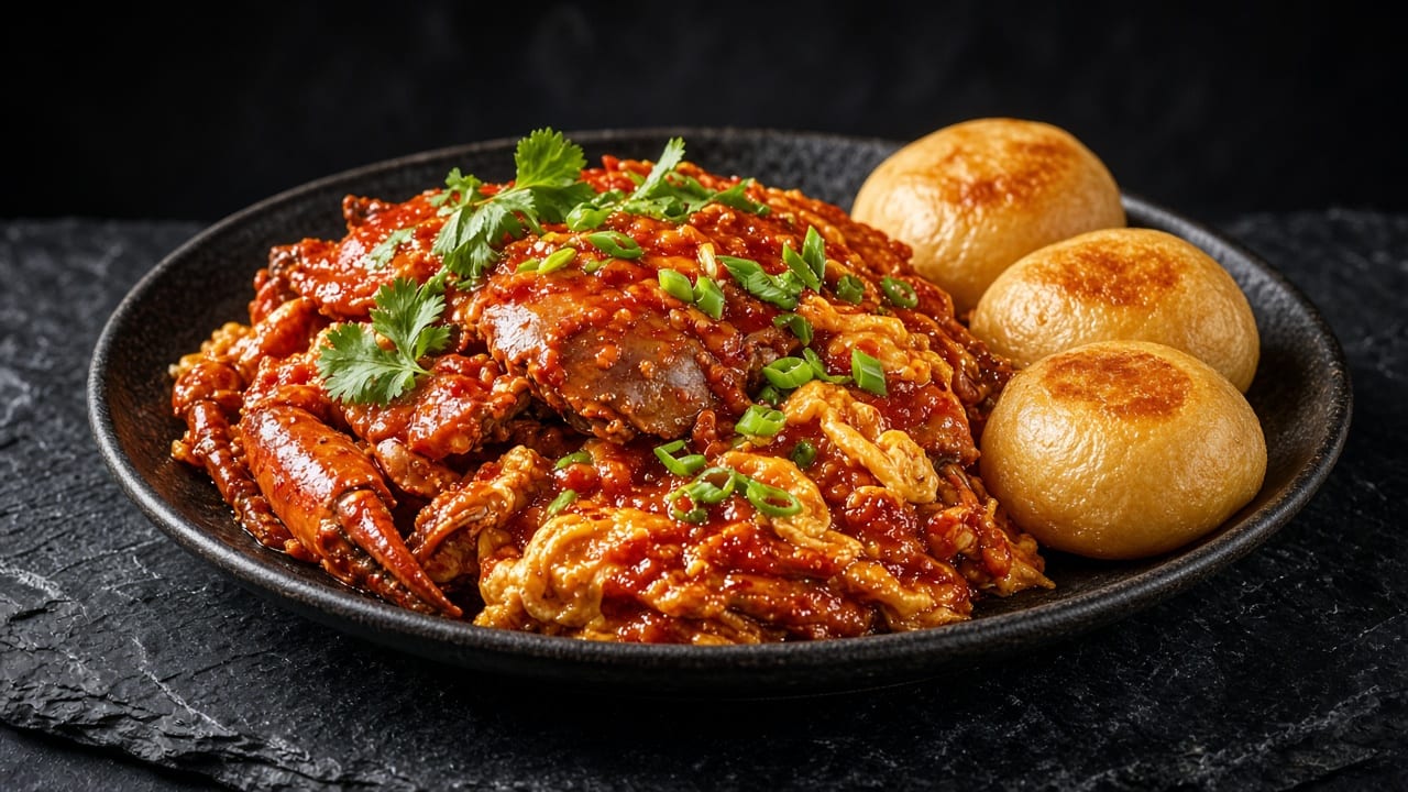 Crab pieces in a glossy red chilli-tomato sauce with ribbons of egg and coriander, with golden buns.