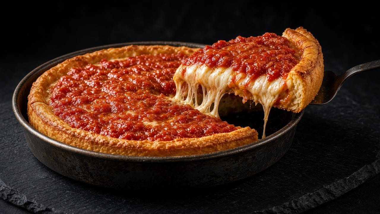 A deep-dish pizza in a pan with chunky tomato on top, one slice lifted out with a long string of melted cheese.