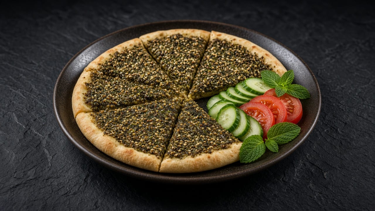 A round flatbread spread with dark green za'atar and olive oil, cut into wedges, with cucumber, tomato and mint on the side.