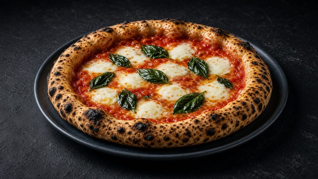 A round pizza with a puffed, charred rim, red tomato sauce, melted white mozzarella and fresh basil leaves.