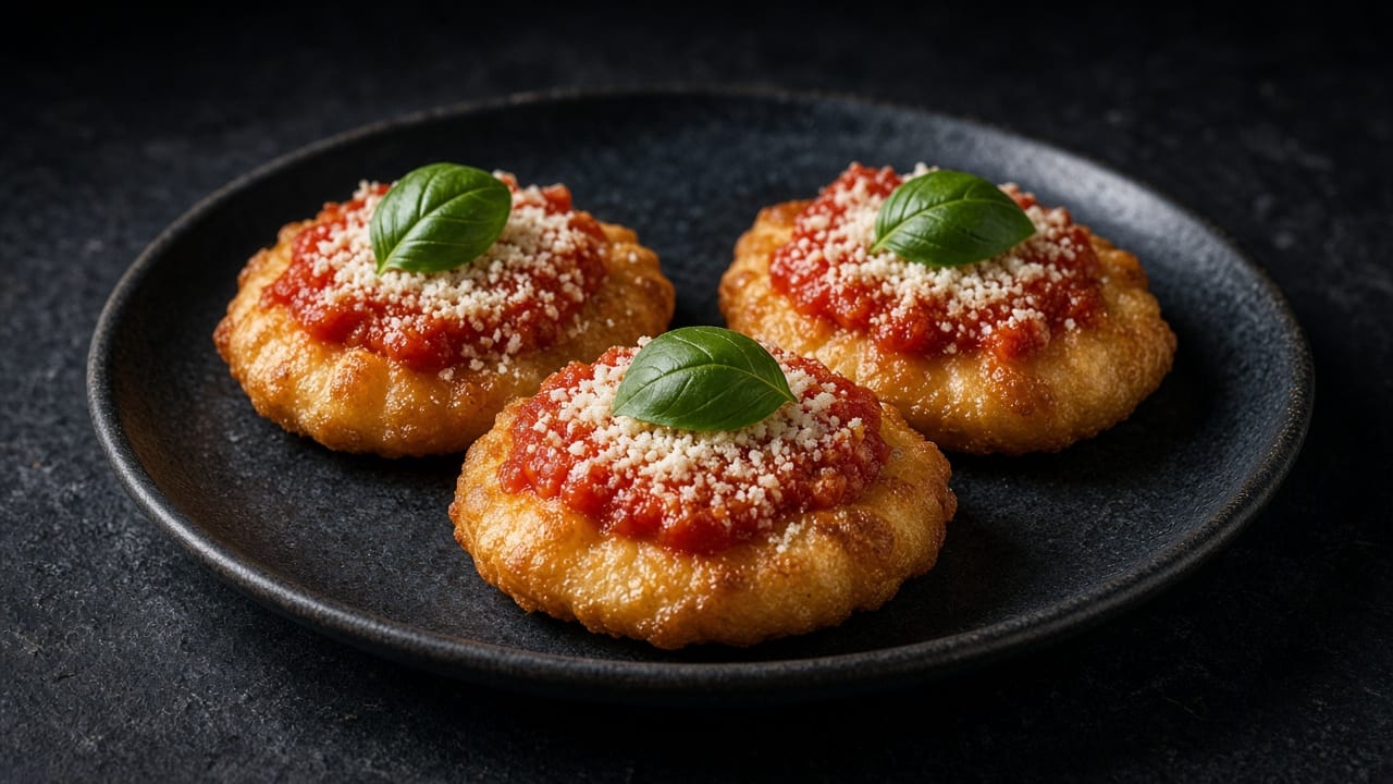 Three small puffed fried pizzas topped with tomato sauce, melted mozzarella and a basil leaf.