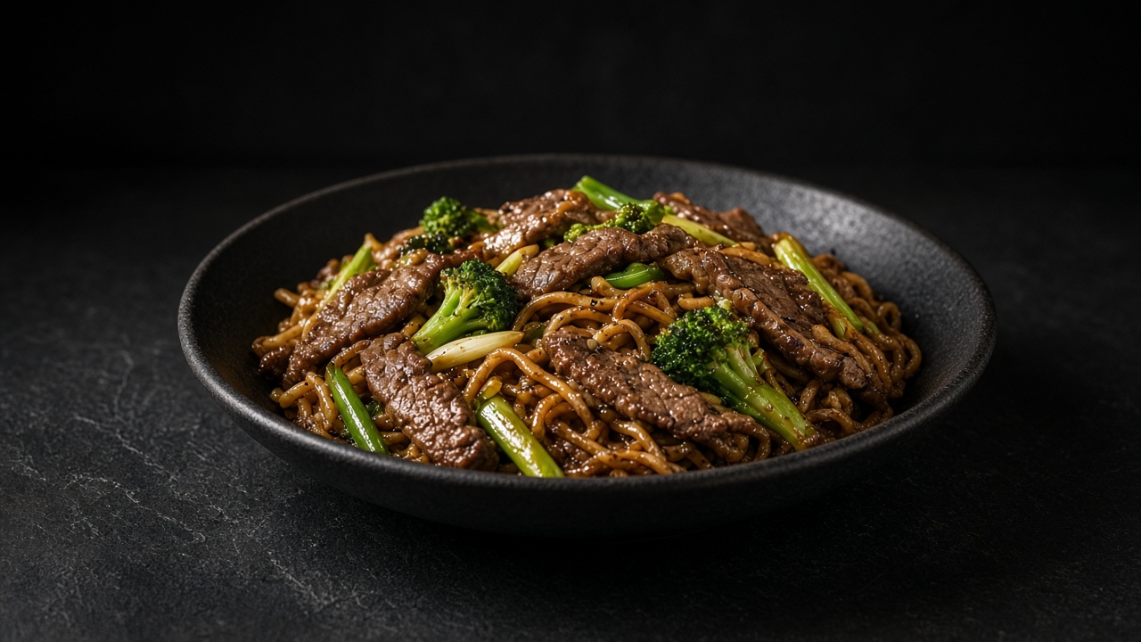 Chow mein with sliced beef and broccoli on a black plate on dark slate.
