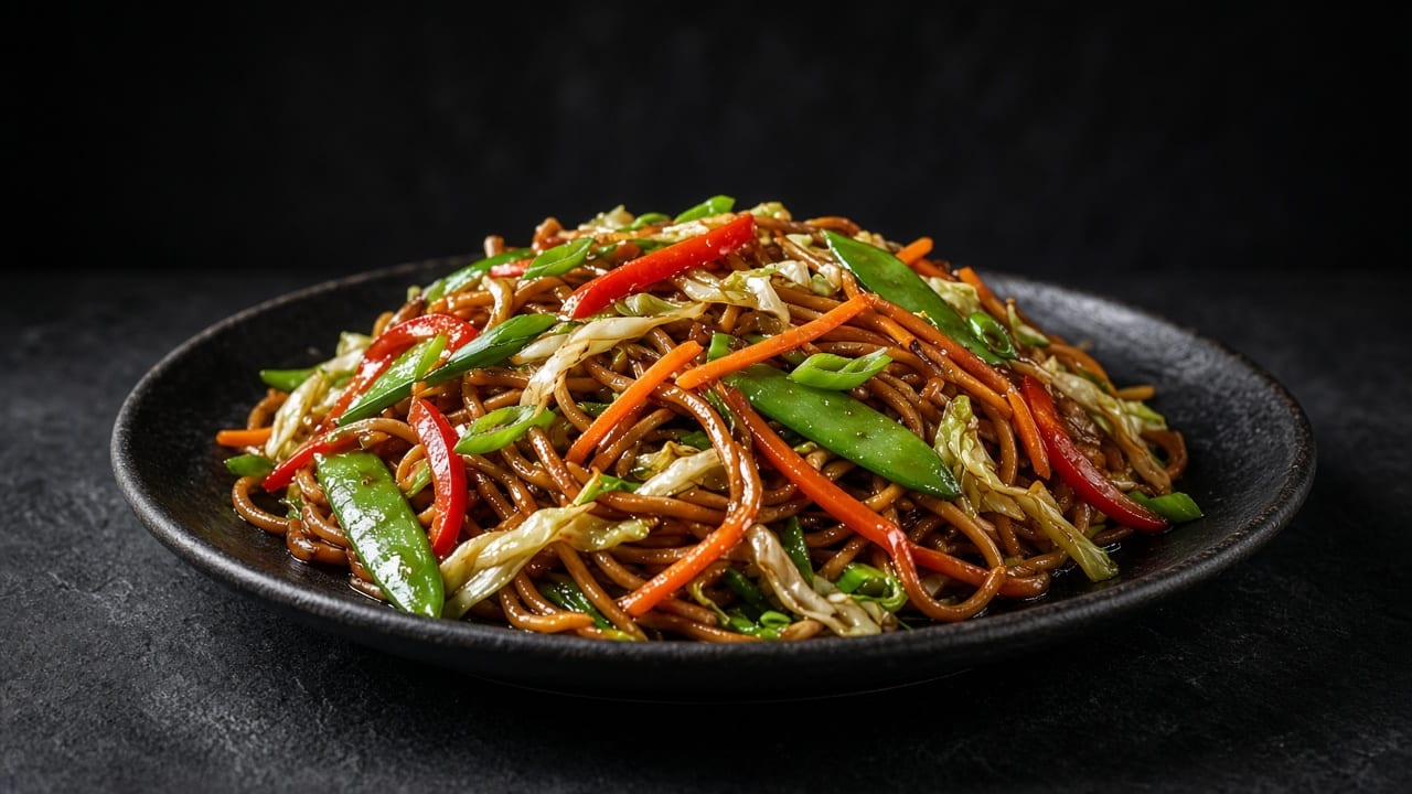 Chow mein with red pepper, carrot, mangetout and spring onions on a black plate on dark slate.