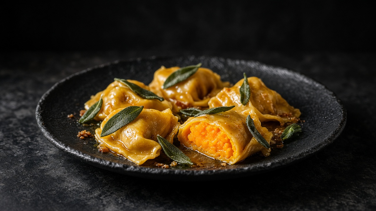 Butternut squash ravioli in brown butter with crisp sage leaves, one cut open to show the orange filling, on a black plate.