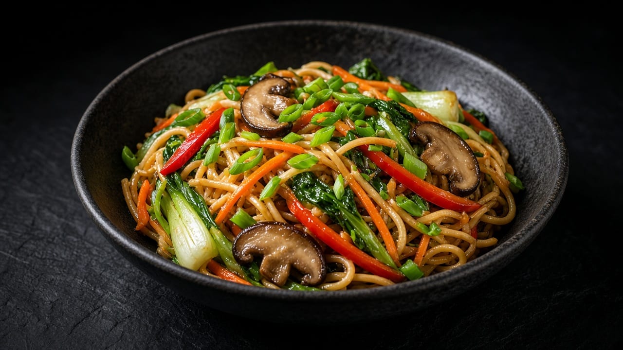 Lo mein with mushrooms, red pepper, carrot, pak choi and green beans in a black bowl on dark slate.