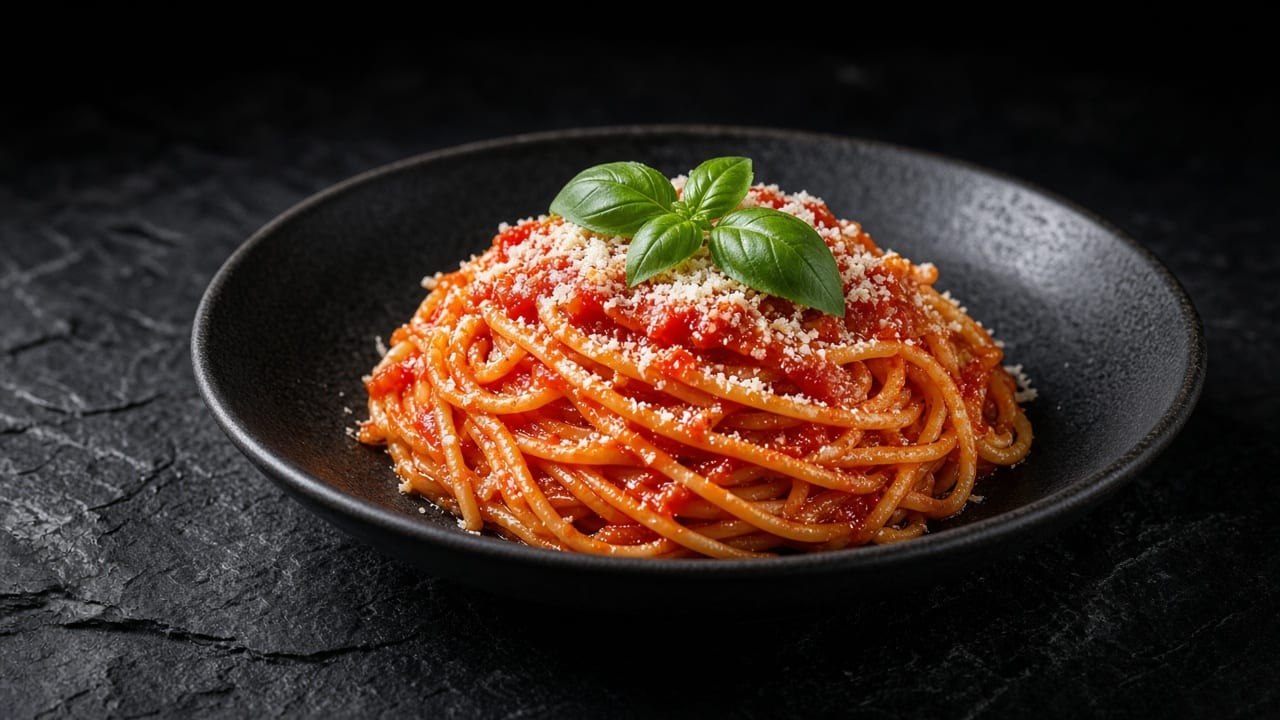 Spaghetti in a glossy red tomato sauce topped with grated Parmesan and a sprig of basil in a black bowl on dark slate.