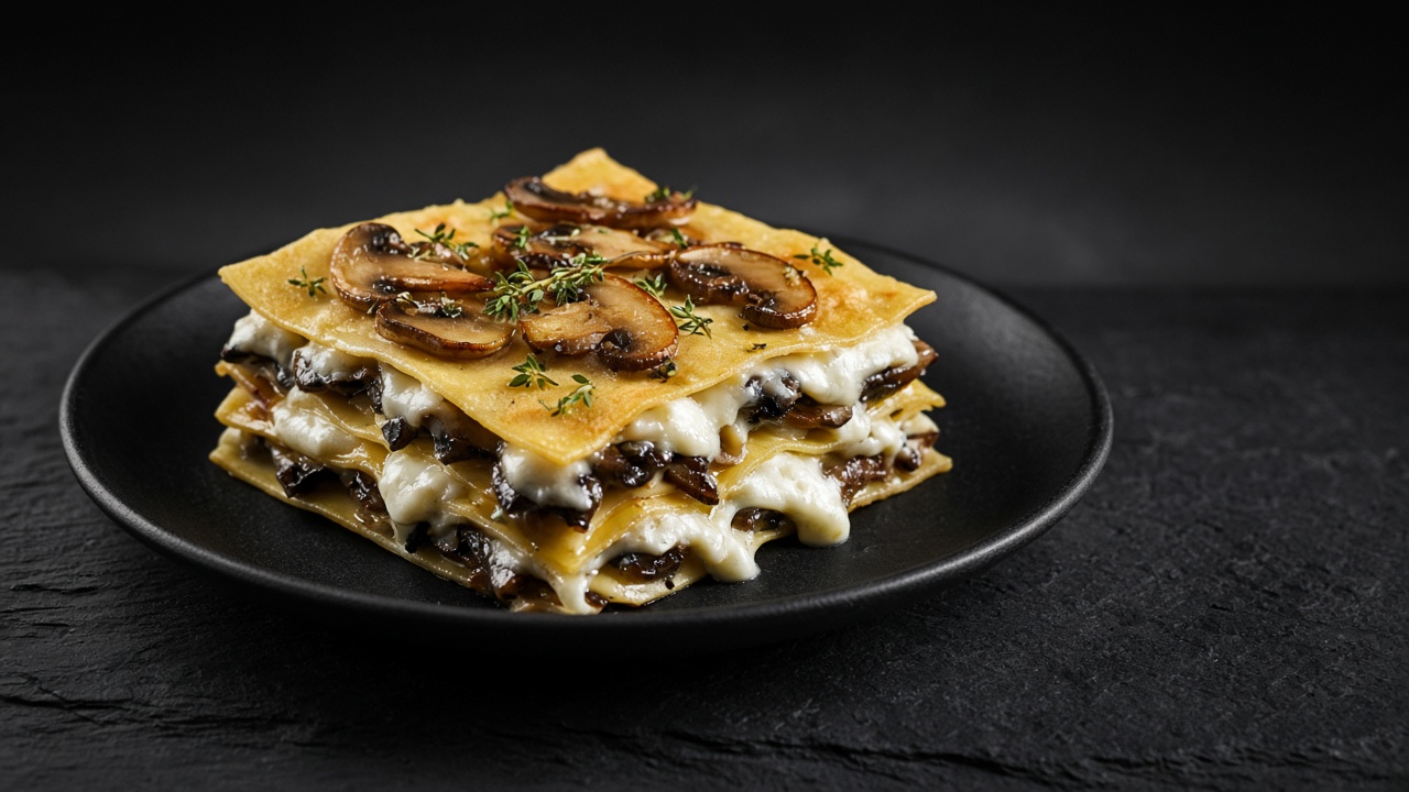 A slice of mushroom lasagne showing creamy béchamel and dark mushroom layers on a black plate.