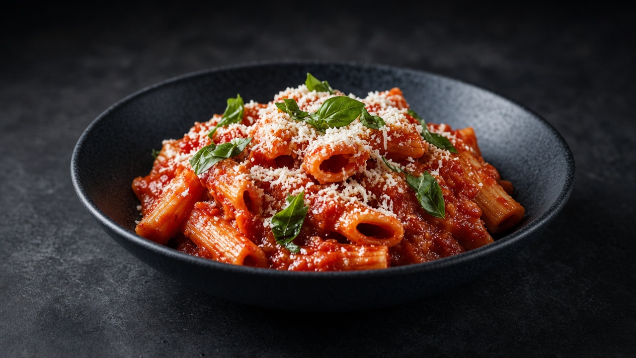 Penne coated in a chilli-flecked tomato sauce with grated Parmesan and chopped parsley in a black bowl on dark slate.