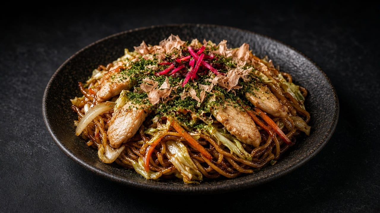 Yakisoba with chicken, cabbage and carrot, topped with pickled red ginger and seaweed flakes on a black plate on dark slate.