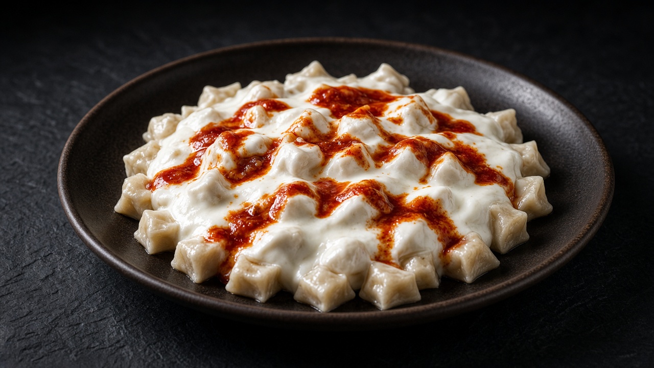 A shallow bowl of tiny pinched dumplings under a layer of garlic yoghurt, drizzled with brick-red paprika butter.