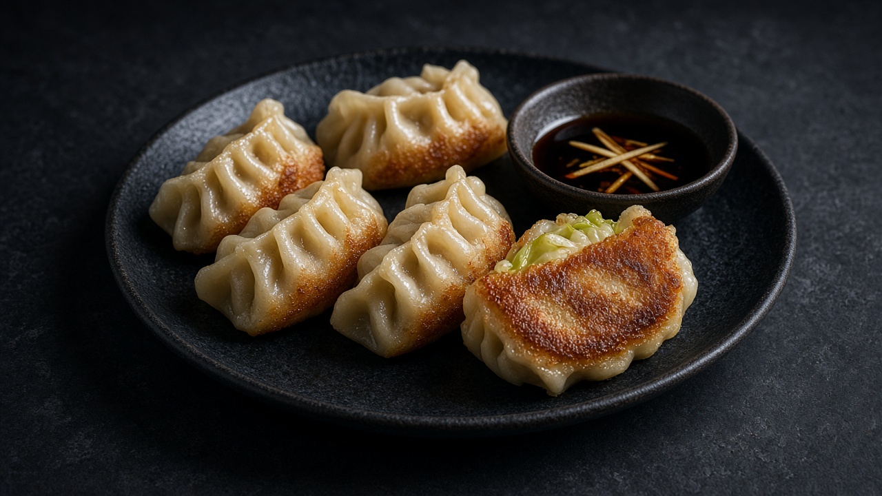 Pleated crescent dumplings with crisp golden bases on a dark plate, with a small bowl of soy dipping sauce and ginger matchsticks.
