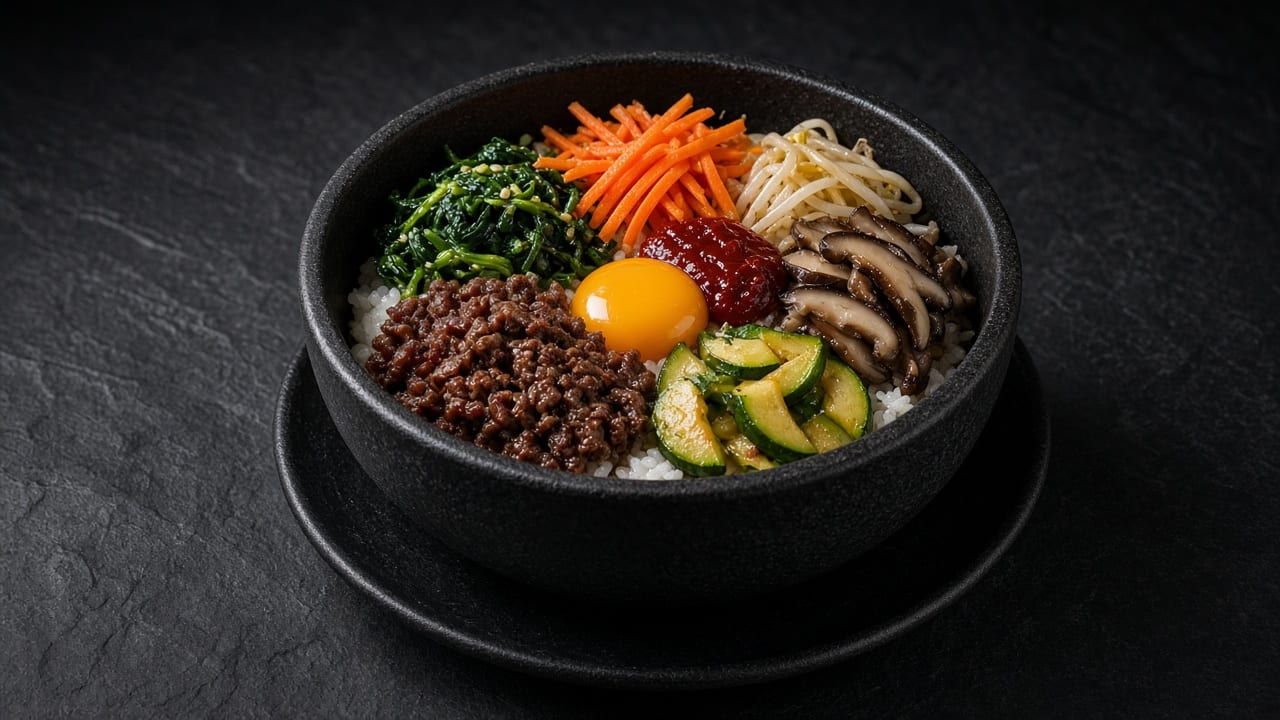 A hot rice bowl topped with sections of beef, spinach, bean sprouts, mushrooms, carrot and courgette around an egg in the centre.