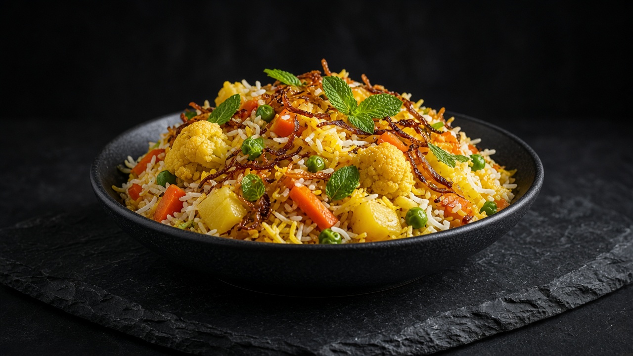 A dark bowl of saffron-streaked vegetable biryani with potato, cauliflower, carrot and peas, scattered with fresh herbs.