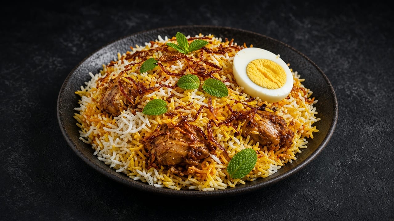 A platter of white and saffron-yellow biryani rice with chicken pieces, fried onions, fresh herbs and a halved boiled egg.