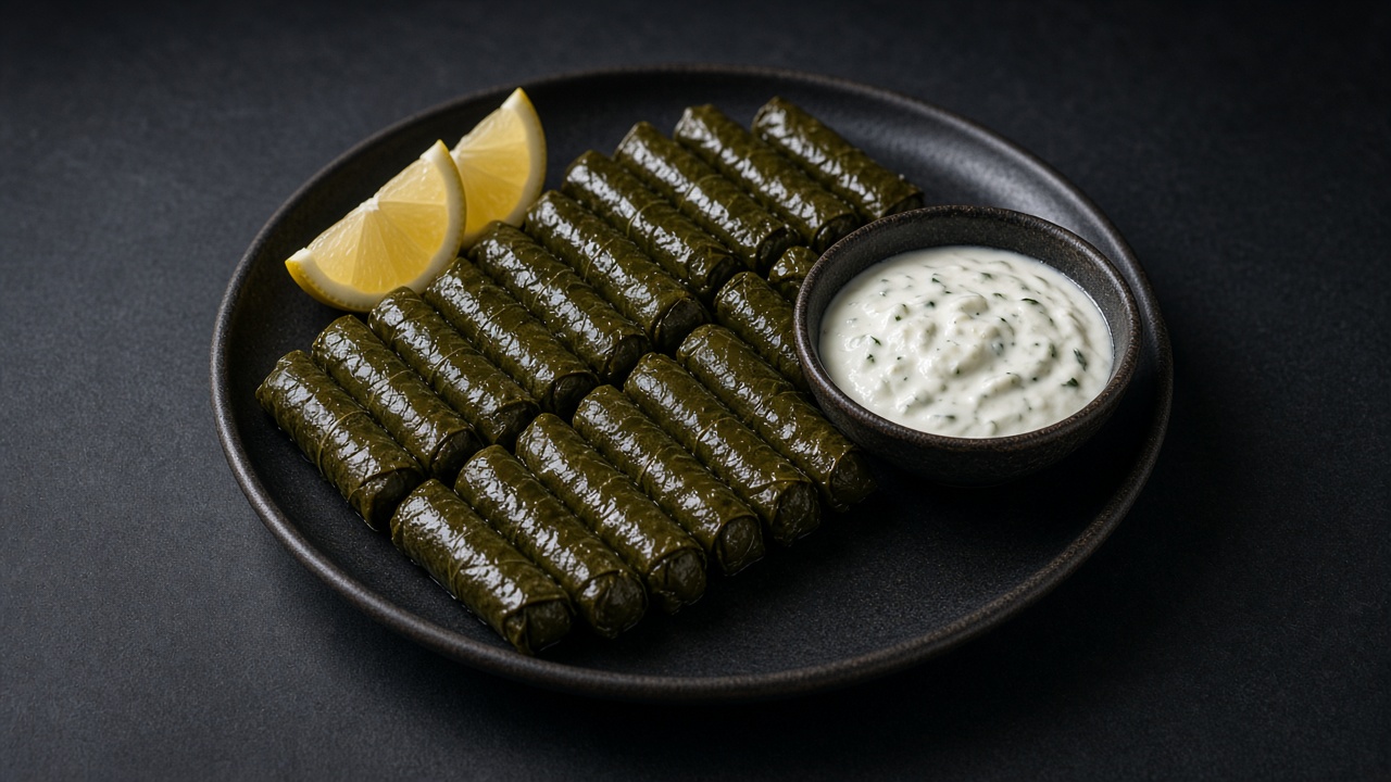 A platter of neatly rolled stuffed vine leaves with lemon wedges and a bowl of yoghurt.
