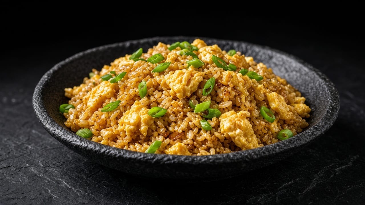 A dark bowl of golden egg fried rice with soft pieces of scrambled egg and sliced spring onion greens.