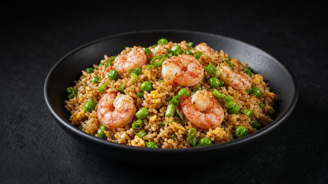 A dark bowl of fried rice topped with seared prawns, with peas, sweetcorn, diced carrot and egg through the rice.