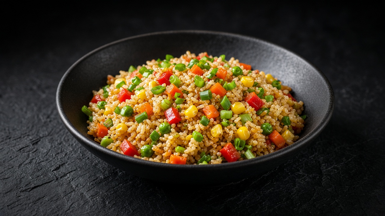A dark bowl of colourful vegetable fried rice with diced red pepper, carrot, peas and sweetcorn.