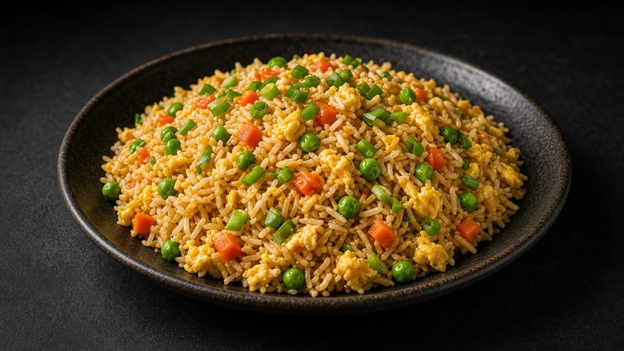 A plate of golden fried rice with pieces of egg, green peas, diced carrot and chicken.