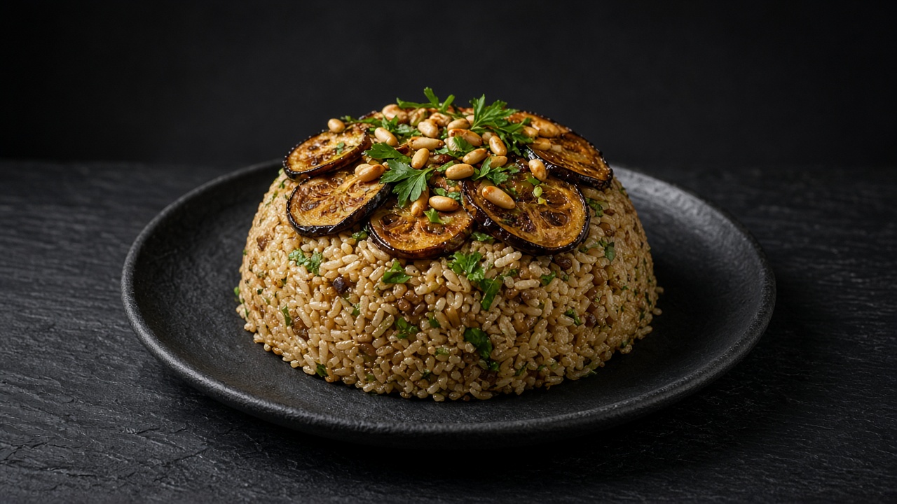 A turned-out dome of spiced rice topped with golden slices of aubergine and scattered toasted nuts.