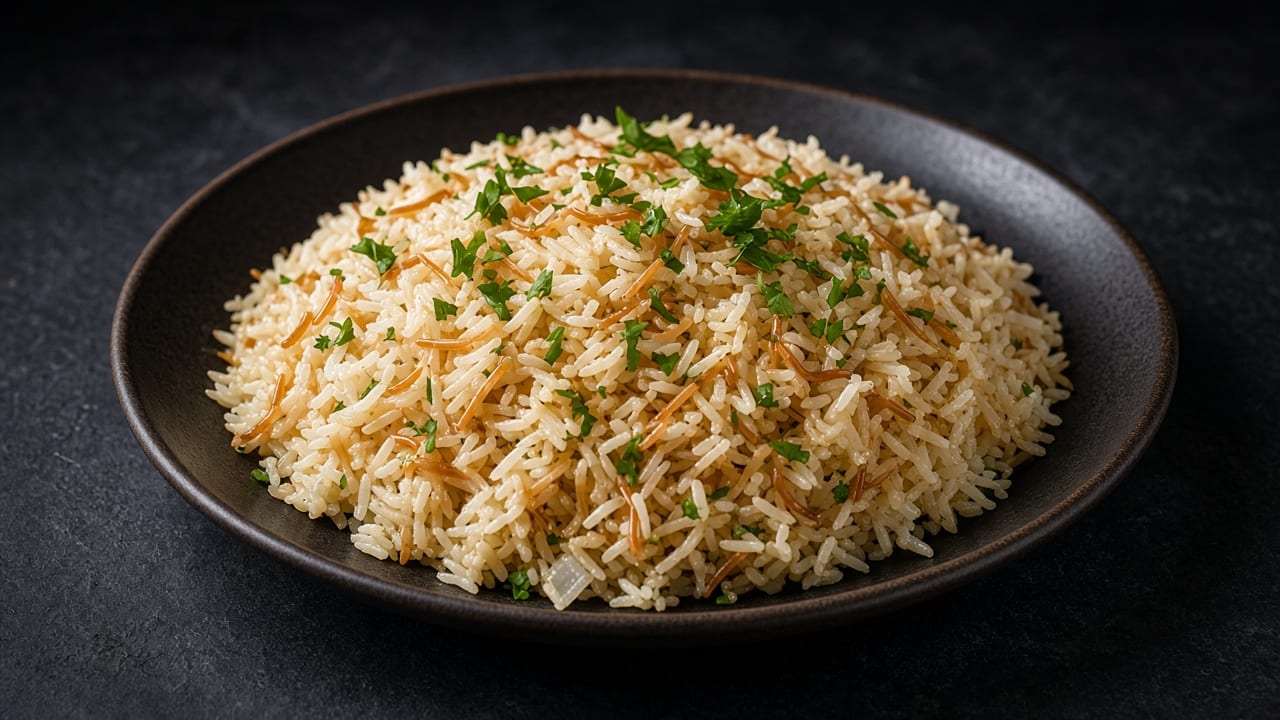 A dark bowl of fluffy long-grain rice pilaf flecked with golden toasted vermicelli and chopped green herbs.